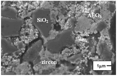 一个ZoJomo - The AZO Journal  of Materials Online - Composition 1 (1450°C) 18 hours, the microstructure presents separation between grains of SiO2.