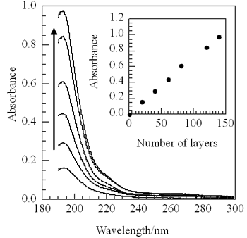 P的紫外线吸收光谱（TDMA-tBVPC65) LB films as a function of deposited layers. Inset; plots of the absorbance at 193 nm vs. the number of LB films deposited.